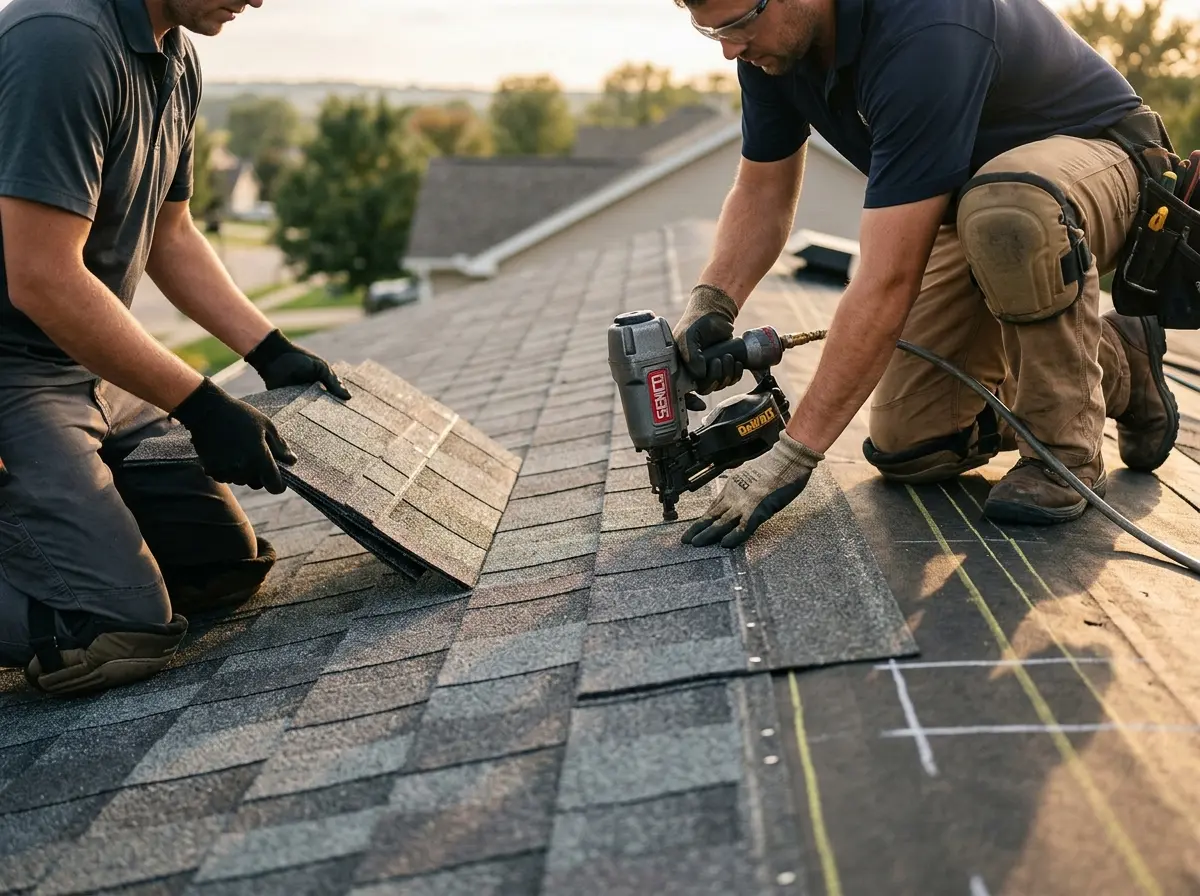 Professional roofer working on a residential roof in Fort Valley